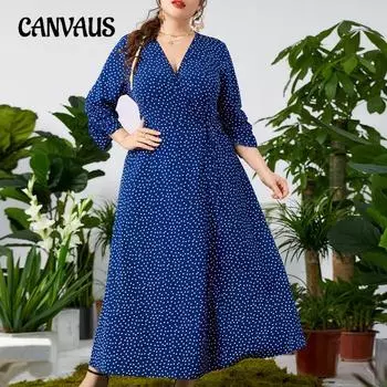 Платье с V-образным вырезом и цветочным узором в горошек на талии. Осеннее платье размера плюс. 0XL королевский синий