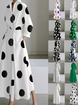 Платье с V-образным вырезом и цветочным принтом на поясе, элегантное платье-рубашка с высокой талией для женщин, свободные платья с длинным рукавом, повседневное платье S