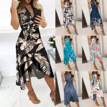 Платье с V-образным вырезом и цветочным принтом, облегающее платье с высокой талией, асимметричное платье, элегантные платья без рукавов, повседневное женское платье S