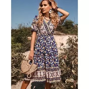 Платье с V-образным вырезом с цветочным принтом и пейсли, повседневное платье с короткими рукавами в стиле бохо на весну и лето, женская одежда S