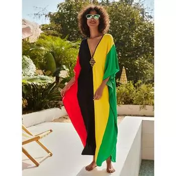Платье с V-образным вырезом с цветными блоками, платье макси с рукавами «летучая мышь» в стиле бохо, женская одежда One-size разноцветный