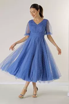 Платье с V-образным вырезом спереди и сзади с короткими рукавами-воздушными шарами и квадратными пятнистыми блестками на тканевой подкладке из георгина