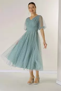 Платье с V-образным вырезом спереди и сзади с короткими рукавами-воздушными шарами и квадратными пятнистыми блестками на тканевой подкладке из георгина