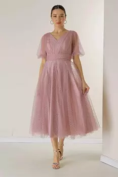 Платье с V-образным вырезом спереди и сзади с короткими рукавами-воздушными шарами и квадратными пятнистыми блестками на тканевой подкладке из георгина