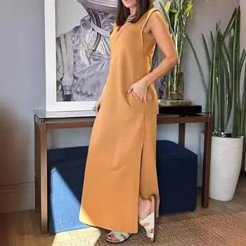 Платье с V-образным вырезом, свободное, без рукавов, сплошной цвет, ретро, с разрезом по бокам, до щиколотки, боковые карманы L светло-серый