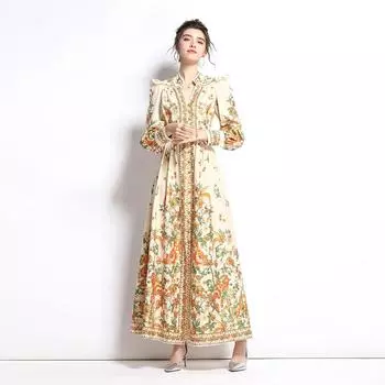Платье с v-образным вырезом в этническом стиле с принтом, сумка ручной работы, украшение с пряжкой, удобная дышащая тонкая осенняя длинная юбка с длинными рукавами XXL