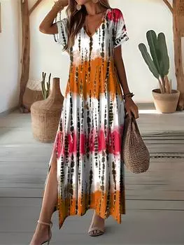 Платье с V-образным вырезом в стиле тай-дай, элегантное платье с короткими рукавами и разрезом на весну и лето, женская одежда S фуксия