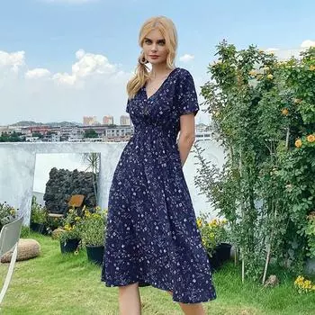 Платье с V-образным вырезом, воротником и принтом на подоле, высокая талия, платья с цветочным принтом в стиле бохо, летнее пляжное платье для женщин XL красный