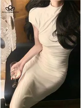 Платье с воротником-стойкой, женское весеннее новое плиссированное вечернее платье с разрезом, женское элегантное повседневное пляжное платье XS бежевый