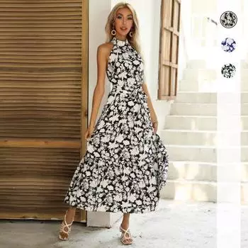 Платье с вырезом халтер без рукавов и разрезом – французский стиль, летний хит продаж Medium темно-зеленого