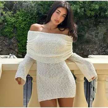 Платье с вырезом-лодочкой из тонкого трикотажа для женщин, сексуальное, с открытыми плечами, облегающее, с пакетом, на бедрах, вязаное крючком, прозрачные блузки, длинные рукава, летние платья S белый