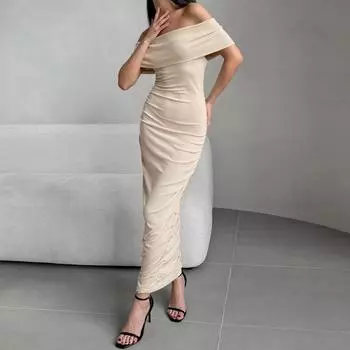 Платье с вырезом-лодочкой, трикотажное платье сплошного цвета, женское вечернее платье с коротким рукавом, вечернее женское платье длиной до щиколотки, трикотажное S хаки