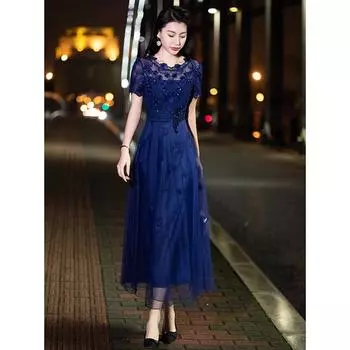 Платье с вышивкой, женское лето 2023, платье средней длины с вышивкой и бриллиантами, чтобы показать тонкий темперамент, сетчатое платье с вышивкой