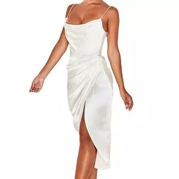 Платье с высоким разрезом Макси-платье Сексуальные женские однотонные вечерние клубные платья L белый
