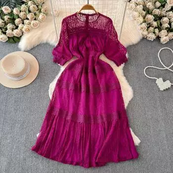 Платье с высокой талией и круглым вырезом, рукавами-фонариками, женское, пэчворк, кружево, ажурное, для пожилых людей, облегающее, во французском стиле, со сборками, новое One Size чёрный