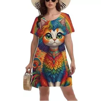 Платье с забавным принтом в виде животных, женское летнее повседневное пляжное мини-платье с короткими рукавами, размер S-6XL, женское модное платье А-силуэта S