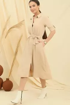 Платье с застежкой на пуговицы и складными рукавами спереди Платье с карманами на талии и поясом