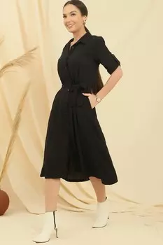Платье с застежкой на пуговицы и складными рукавами спереди Платье с карманами на талии и поясом