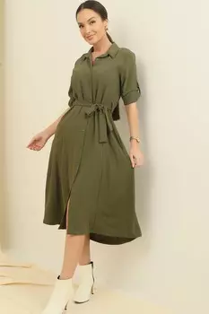 Платье с застежкой на пуговицы и складными рукавами спереди Платье с карманами на талии и поясом