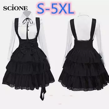 Платье Scione в стиле Лолиты, винтажное женское платье, черное платье-рубашка длиной до колена с длинными рукавами для девочек S чёрный