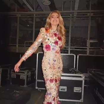 «Платье-сетка с вышитыми в европейском и американском стиле цветами и силуэтом «рыбий хвост»» L абрикосовый