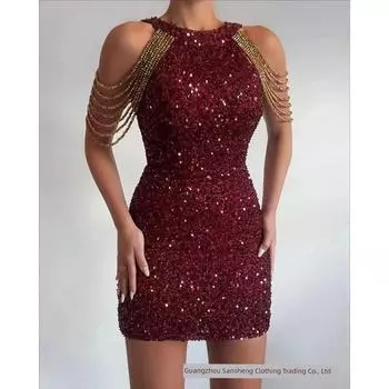 Платье Сексуальное Кристальное Платье Со средней талией Холтер Wine Red S