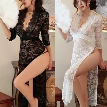 Платье Сексуальное кружевное пижамное платье Страстные перспективы Горячая униформа с разрезом Соблазнительное длинное платье с рукавами вечернее платье для тусовщицы One Size