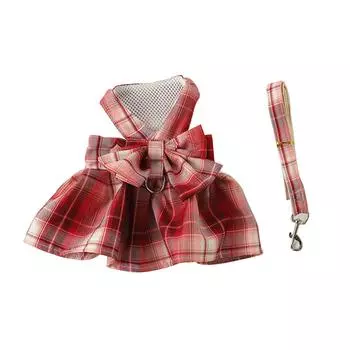 Платье-шлейка для собаки Стильное Милое Бантик Клетка Дышащее Удобное Платье-шлейка для питомца с поводком L(for 6.5-9kg) красный