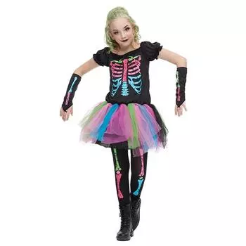 Платье скелета на Хэллоуин для девочек, костюм, юбка-пачка, страшное косплей, нарядное платье в стиле панки с костями S