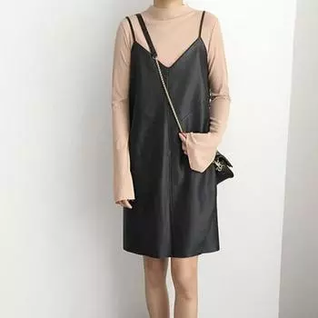 Платье-слинг без рукавов, платье выше колена, модное женское мини-платье из искусственной кожи на бретельках для покупок L чёрный