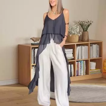 Платье-слинг без рукавов с V-образным вырезом, неровным оборчатым подолом, платье с неровной короткой передней частью и длинной задней частью, однотонный дышащий верх S чёрный