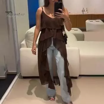 Платье-слинг без рукавов с V-образным вырезом, неровным оборчатым подолом, платье с неровной короткой передней частью и длинной задней частью, однотонный дышащий верх S хаки