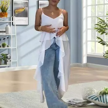 Платье-слинг без рукавов с V-образным вырезом, неровным оборчатым подолом, платье с неровной короткой передней частью и длинной задней частью, однотонный дышащий верх S кофейный