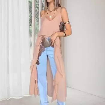 Платье-слинг без рукавов с V-образным вырезом, нерегулярным оборчатым подолом, платье с нерегулярным коротким передом S кофейный