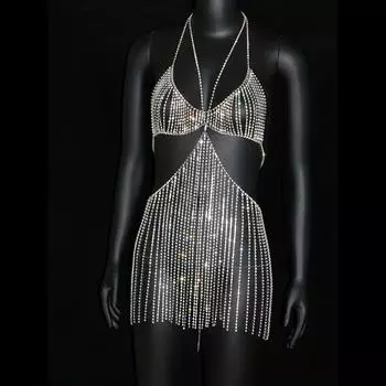 Платье-слинг для вечеринок Rave Сексуальная длинная кисточка со стразами Цепочка бикини Цепочка для тела Модные сверкающие искусственные хрустальные стразы Посеребренная цепочка на грудь J