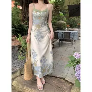 Платье-слинг Pure Desire Style с кружевной строчкой и принтом, женское летнее новое французское элегантное модное облегающее длинное платье, трендовое S
