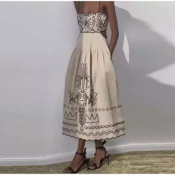 Платье-слинг с принтом и открытой талией, женское, сексуальное, с открытой спиной, А-силуэта, с вышивкой, без рукавов, с плиссированными карманами, лето S