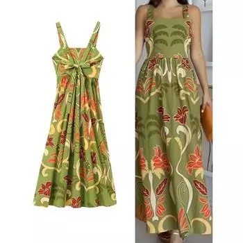 Платье-слинг с принтом и шнуровкой, женское, облегающее, с зеленым цветком, А-силуэт, платье на бретельках, сексуальное, без рукавов, пляжное, летнее XS зелёный