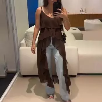 Платье-слинг Yousheng, без рукавов, с V-образным вырезом, нерегулярной оборкой по подолу, платье с нерегулярным коротким передом и длинной спинкой, однотонный дышащий верх S хаки