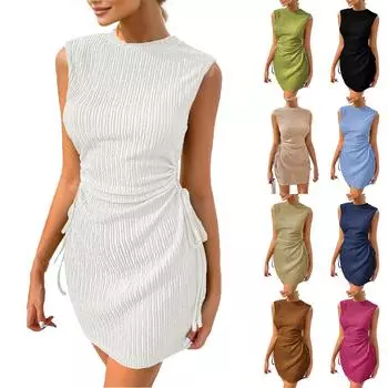 Платье-смокинг для гостей свадьбы с круглым вырезом и вырезом без рукавов L бежевый