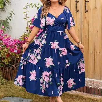Платье со рюшами с цветочным принтом для женщин, завязка через плечо, глубокий V-образный вырез, короткие рукава со рюшами, высокая талия, длинное платье, клубная вечеринка, элегантное платье макси плюс