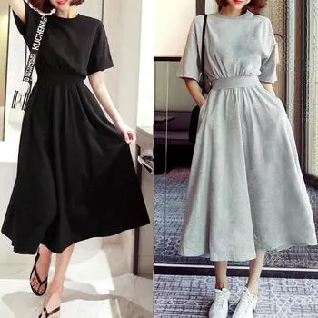 Платье со средним рукавом и большой юбкой, корейская версия с рукавами пять четвертей и длинной юбкой с завязками на талии, маленькая черная юбка с круглым вырезом и высокой талией M