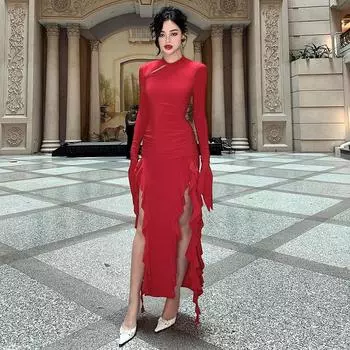 Платье Spice Girl с разрезом и длинными рукавами, облегающее, с оборками, в стиле осенней светской львицы S красный