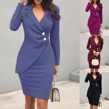 Платье сплошной цвет на пуговицах осень-зима тонкий костюм на молнии платье для офиса 2XL фиолетовый