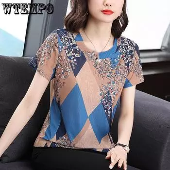 Платье среднего возраста, свободный топ с короткими рукавами и принтом, летняя красивая шифоновая рубашка большого размера с половиной рукавом, женская M синий