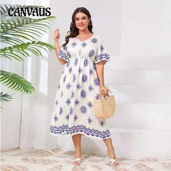 Платье средней длины для женщин больших размеров с V-образным вырезом, расклешенными рукавами и принтом Seaside Holiday Fresh 1XL хаки
