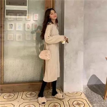 Платье средней длины до колена для женщин, весеннее свободное платье с капюшоном и v-образным вырезом, вязаное платье, свитер, пуловер, женские топы One Size чёрный