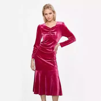 Платье средней длины из бархата, сплошного цвета, с длинными рукавами, плиссированное, утягивающее M чёрный