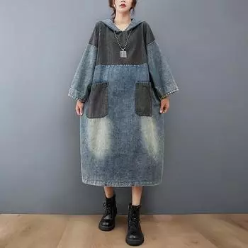 Платье средней длины из денима с цветными блоками и капюшоном, женская свободная юбка с разрезом M синий