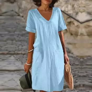 Платье средней длины из хлопка и льна с V-образным вырезом и короткими рукавами для женщин XL